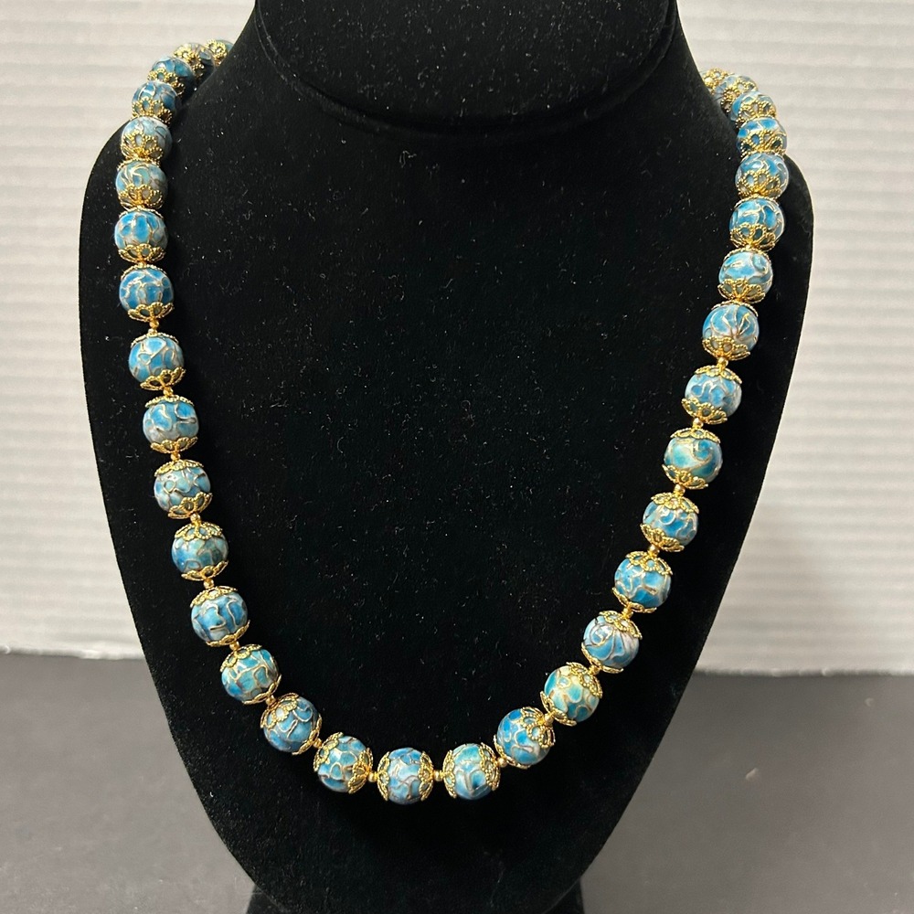 Artisan Beaded Necklace Women 22.5" Blue Gold Cloisonne Enamel Filigree Toggle